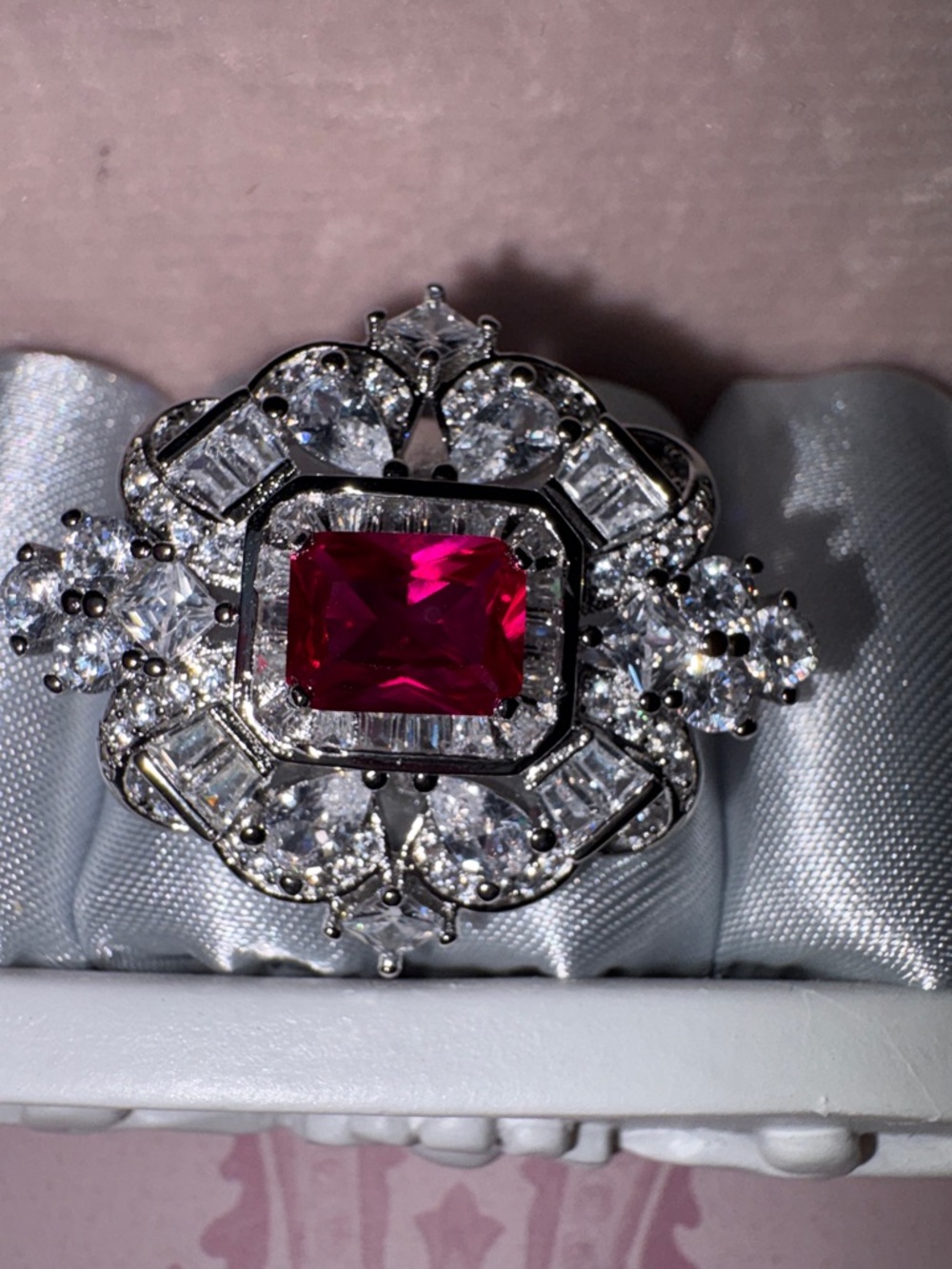 Vintage-Inspired Victorian Sterling Silver Ring with Red Center Stone and CZ’s